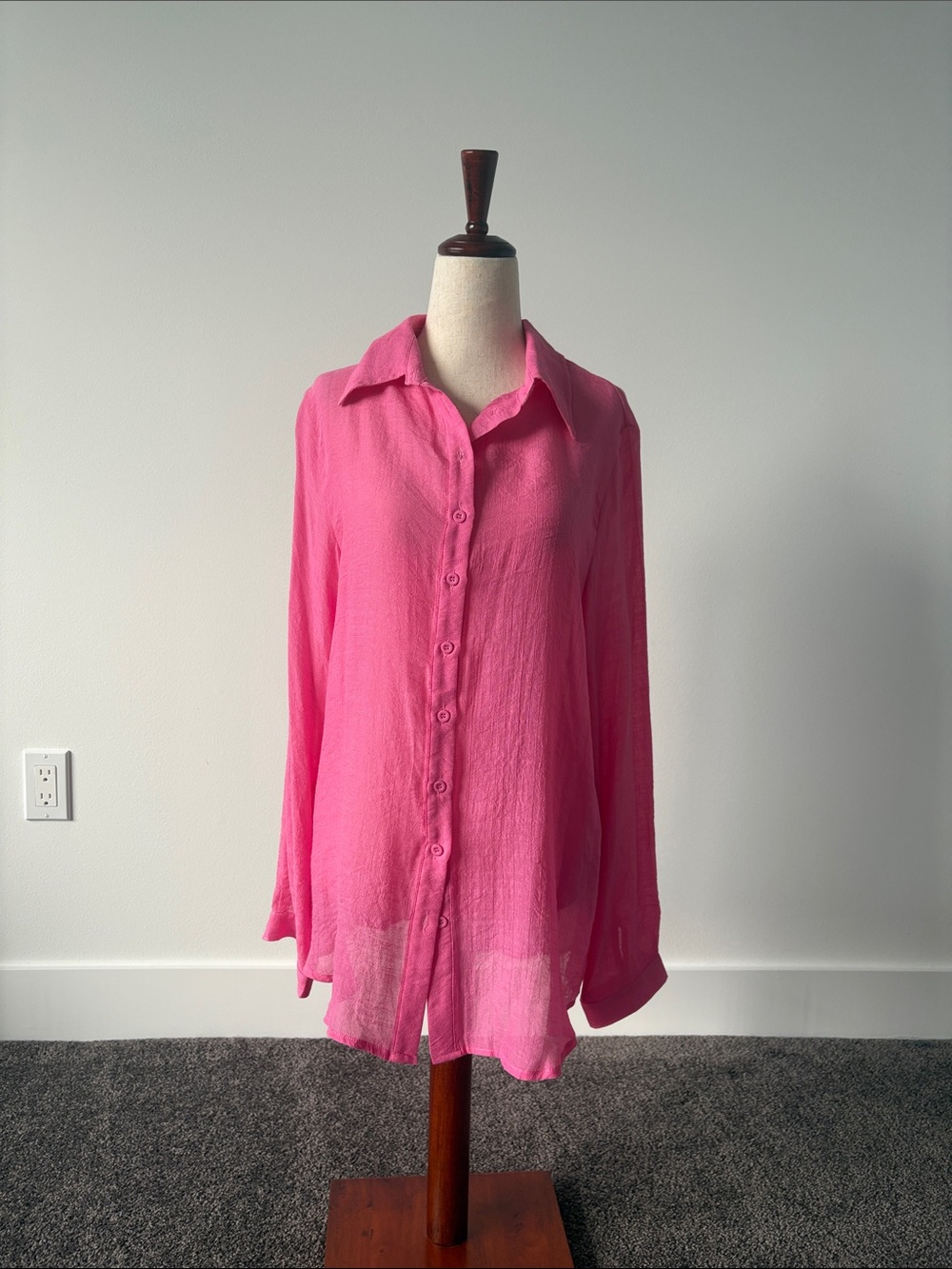 PrettyLittleThing Hot Pink Semi-Sheer Button-Up Blouse